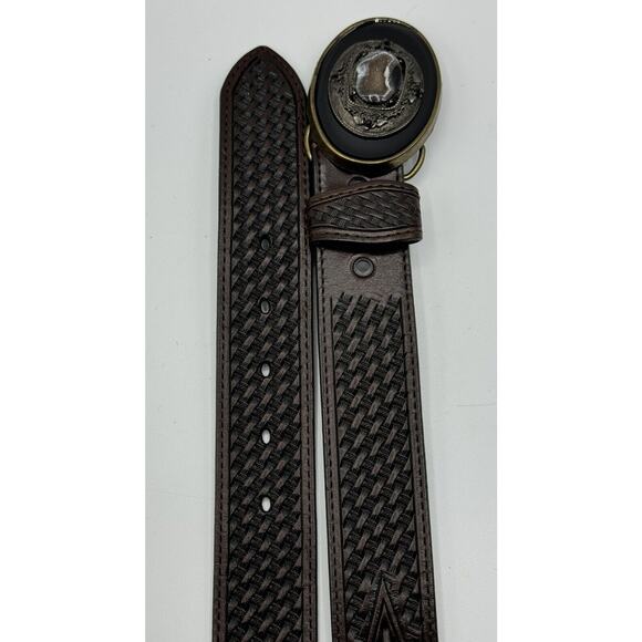 Allison Daniel Designs Brown Tooled Leather Belt Black Brown Geode Buckle Sz 36 - Picture 4 of 8